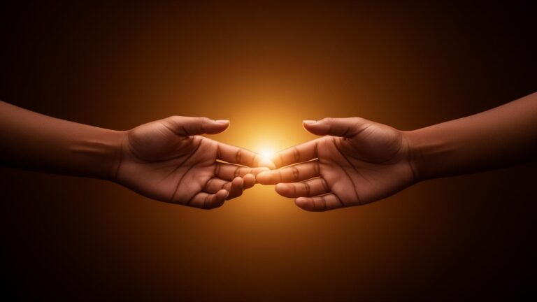 Hands of two people extending out to each other with light in the background