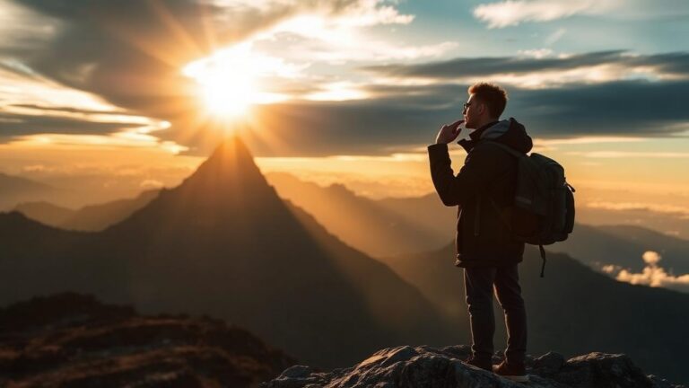 Man standing at the top of a mountain and appearing to think as he looks out over the cliff with other mountains and sunrising or setting in the background