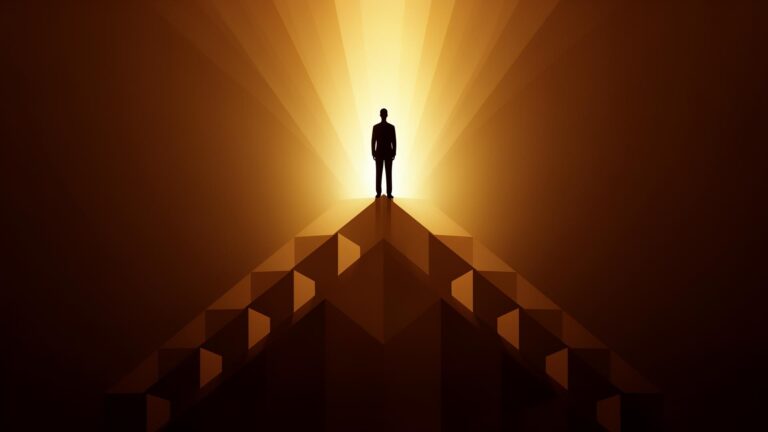 Silhouette of a man standing on top of a triangle/pyramid peak